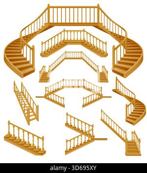 Treppe für das Haus innerhalb des zweiten Stockwerks aus hölzernem Karikaturstock Vektor Illustration isoliert auf weißem Hintergrund Stockfoto