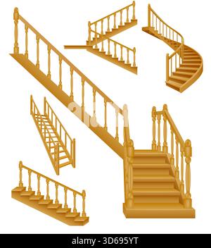 Treppe für das Haus innerhalb des zweiten Stockwerks aus hölzernem Karikaturstock Vektor Illustration isoliert auf weißem Hintergrund Stockfoto