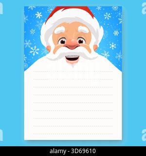 Weihnachtseinladungsvorlage mit weißem Weihnachtsbart. Die fröhliche Cartoon-Figur hat ein fröhliches Gesicht und einen roten Hut auf einem hellblauen Buchstaben mit Schneeflocken. Großer Vektorbart erstellt einen Textbereich für Feiertagsmeldungen Stock Vektor