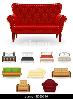 Viele verschiedene schlechte Sofa Möbel Cartoon Stock Vektor Illustration isoliert auf weißem Hintergrund Stock Vektor