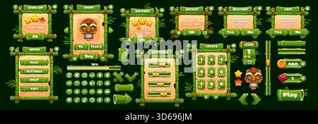 Bambus Forest Spiel Interface Vektor GUI Asset. Bambusrahmen, Tiki-Masken, hölzerne Knöpfe und grüne Panels, Spielmenütafel und Levelauswahl, Shop- und Siegessiege-Bildschirm Stock Vektor