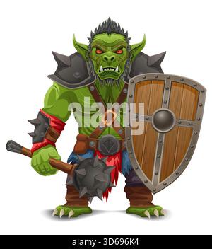 Bedrohlicher und gruseliger grüner Goblin Troll orc steht in einer kriegerischen Pose Cartoon Vektor Illustration isoliert auf weißem Hintergrund Stock Vektor