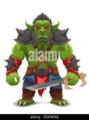 Bedrohlicher und gruseliger grüner Goblin Troll orc steht in einer kriegerischen Pose Cartoon Vektor Illustration isoliert auf weißem Hintergrund Stock Vektor