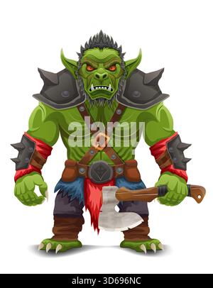 Bedrohlicher und gruseliger grüner Goblin Troll orc steht in einer kriegerischen Pose Cartoon Vektor Illustration isoliert auf weißem Hintergrund Stock Vektor