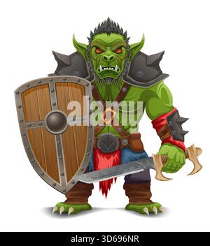Bedrohlicher und gruseliger grüner Goblin Troll orc steht in einer kriegerischen Pose Cartoon Vektor Illustration isoliert auf weißem Hintergrund Stock Vektor