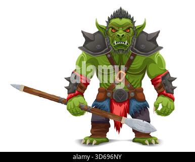Bedrohlicher und gruseliger grüner Goblin Troll orc steht in einer kriegerischen Pose Cartoon Vektor Illustration isoliert auf weißem Hintergrund Stock Vektor
