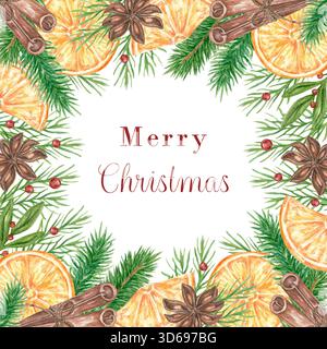 Aquarellweihnachtlicher Rahmen mit Orangen, Tannenzweigen, Zimt, Anis, Preiselbeere. Botanischer Hintergrund für Winterferien, Menüs, Karten, Einladungen. Quadratischer Hintergrund mit gemütlichem Neujahrsdekor Stockfoto