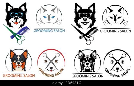 Haustier Katzen und Hunde Logo für Ihr Geschäft oder Firma Set Logo Zeichentrickfilm Stock Farbe und schwarz-weiß Vektor Illustration isoliert auf weiß Stock Vektor