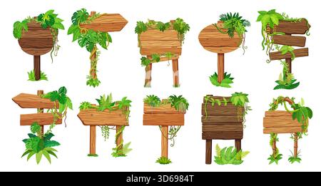 Hölzerne Schilder mit Dschungelpflanzen und Lianen, Vektorspiel-UI. Zeichentrickschilder aus Holz oder Schilder mit Holztafeln und -Dielen, Blätter und Blumen aus Dschungelwald, Lianenreben und Gras Stock Vektor