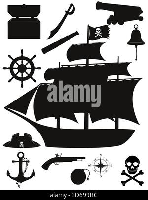 Satz von Piraten nautische Gegenstände schwarze Silhouette Karikatur Stock Vektor Illustration isoliert auf weißem Hintergrund Stock Vektor
