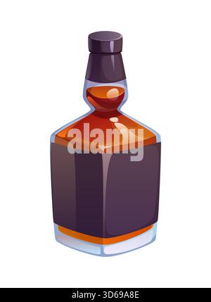 Zeichentrickfilm Alkohol Getränk oder Getränk. Dunkle Schnapsflasche mit quadratischem Glassockel, dunkler bernsteinfarbener Flüssigkeit und schwarzem Verschluss. Vektorbehälter, der luxuriöse Alco-Getränkeverpackung und starkes Getränk-Branding repräsentiert Stock Vektor