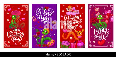 Valentinstag-Grußkarten mit süßen Schlangen. Vektor-Set aus vertikalen Bannern mit bezaubernden romantischen, verspielten Reptilien, umgeben von Herzen, Rosen, Schokolade und Liebesmotiv Typografie Stock Vektor