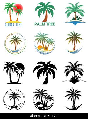 Palme tropisches Logo für Ihr Geschäft Set Logo Cartoon Stock Farbe und schwarz-weiße Vektor Illustration isoliert auf weißem Hintergrund Stock Vektor