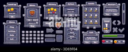 Stone Game Interface Rock Stony GUI Asset. Vector Rock eingerahmtes Schnittstellenmenü, Steinschaltflächen, Schildsymbole, Schieberegler und Fortschrittsleiste. Auswahl der Spielebenen und Punkteauswahl, Belohnungen, Siegesbesiegung Bildschirm Stock Vektor