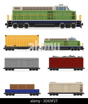 Lokomotiven-Personen- und Güterwagen für den Transport durch Schiene Cartoon Stock Vektor Illustration isoliert auf weißem Hintergrund Stock Vektor