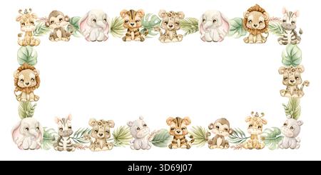 Niedliche Tierpflanzen Rahmen. Safari Dschungel tropische exotische Blätter Aquarell handgemalt Sommer Pastellneutral isolierte Illustration auf weißem Hintergrund Stockfoto