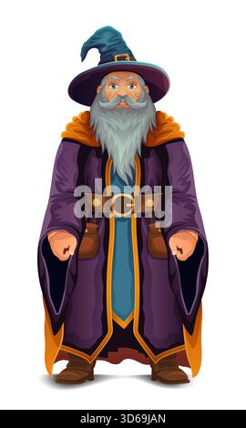 Alte Fantasie Zauberer Zauberer hexer älterer Mann mit Bart im Hut und cape Karikaturvektor Illustration isoliert auf weißem Hintergrund Stock Vektor