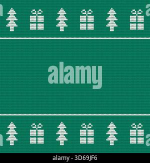 Grüner gestrickter Hintergrund, inspiriert von klassischen weihnachtlichen Pullover-Designs. Design mit Bäumen und Geschenk. Ideal für Weihnachtskarten, Winterdekoration Vektor. Stock Vektor