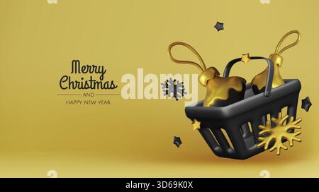 Weihnachtsangebot und Neujahr. Rotes helles realistisches 3D-Urlaubsobjekt-Design, Einkaufstasche, Geschenkbox. Werbeaktion, Werbebanner, Webposter. Vektor Stock Vektor