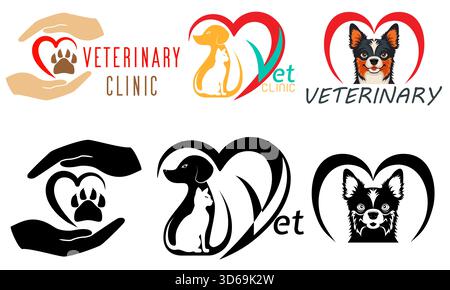 Tierklinik Haustiere Katzen und Hunde Logo für Ihr Unternehmen oder Unternehmen Set Logo Zeichentrickfilm Stock Farbe und Schwarz-weiß Vektor Illustration Isolat Stock Vektor