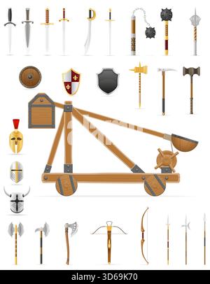 Waffen alte Schlacht mittelalterliche Ikonen Cartoon Stock Vektor Illustration isoliert auf weißem Hintergrund Stock Vektor