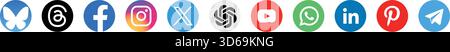 Symbolsatz für soziale Medien, Logos für soziale Netzwerke, facebook, instagram, x, youtube, WhatsApp, LinkedIn, Telegramm, bluesky, tiktok. Stock Vektor