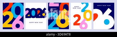 2026 Grußkarten-Set, bunte 2026-Nummer, Neujahr 2026-Poster-Sammlung, Happy New Year Hintergrund mit mehrfarbigem Logo Stock Vektor