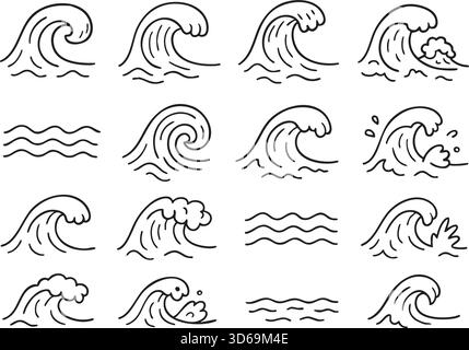 Wellensymbole im Kritzelstil, handgezeichnet. Vektormaterial-Illustration. Stock Vektor