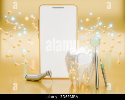 Smartphone und Dentalinstrumente sind auf goldener Oberfläche mit dekorativen Elementen angeordnet. Stockfoto