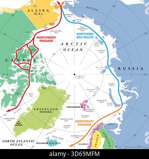 Meeresrouten des Arktischen Ozeans, mehrfarbige politische Karte. Northwest Passage und Northeast Passage mit der Northern Sea Route. Seeverkehrsrouten. Stockfoto