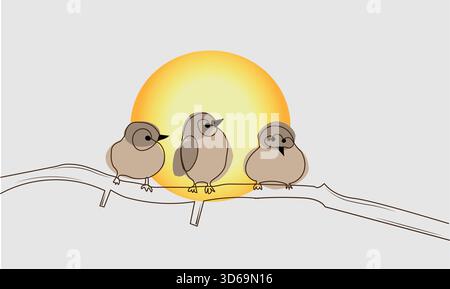 Niedliche Zeichentrickvögel, die auf Zweig bei Sonnenuntergang sitzen – Minimal Line Art Vogelillustration mit warmem Sonnenlicht, entzückendes Wildlife Charakter Design für Kinder Stock Vektor