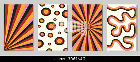 Set mit geometrischen Mustern im Retro-Stil | psychedelische Wandbilder im Vintage-Stil | Bold abstrakte Formen, Linien und Kreise | farbenfrohe Mid-Century Modern Printable Stock Vektor