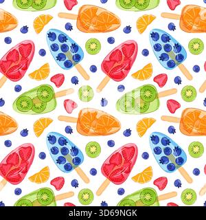 Nahtloses Muster aus farbenfrohem Fruchteis mit Scheibe Erdbeere, Kiwi, Orange und Heidelbeere auf weißem Hintergrund im Cartoon-Stil. Stock Vektor