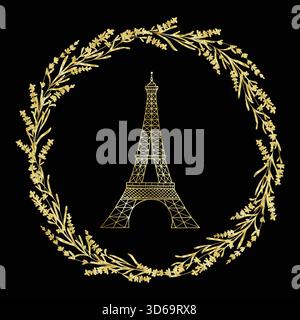 Goldene Silhouette des Eiffelturms in der Mitte der Lavendel goldenen Rahmen Vektor Hand gezeichnet Doodle Illustration. Symbol von Paris und Frankreich. Vintage Kranz d Stock Vektor