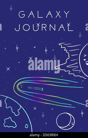 Komet Kawaii süßer Kritzelcharakter. Handgezeichnete Liniendarstellung des Weltraums und des fliegenden Kometen zwischen Sonne und Mond, der den Planeten Erde erreicht. Vorlage für Stock Vektor