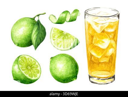 Glas Limonade, Limetteneistee. Handgezeichnete Aquarellillustration, isoliert auf weißem Hintergrund Stockfoto