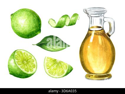 Limettenöl Set, handgezeichnete Aquarellillustration, isoliert auf weißem Hintergrund Stockfoto