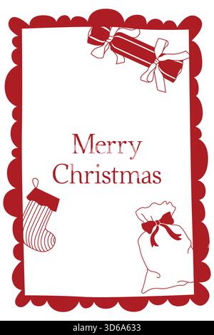 Handgezeichnete Weihnachtspostkarte mit trendigem rotem Rahmen, Strumpf und Geschenken im Doodle-Stil Stock Vektor