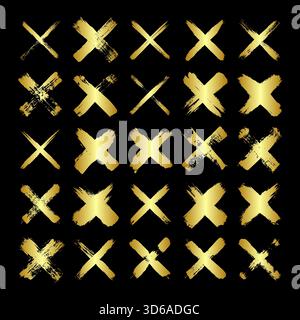 Goldene Grunge-Kreuze, Pinselstriche, Linien, Tintenflecken, handgezeichnete Kritzelformen. Handgemachte, skizzenhafte Markierungen, Acrylflecken, Holzkohlestreifen. Farbe Stock Vektor