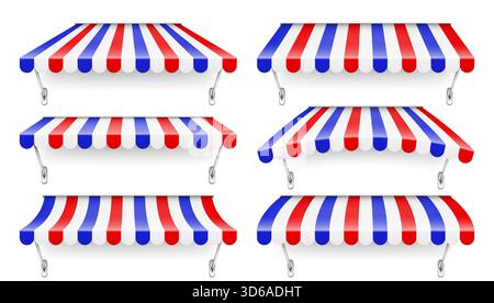 Sonnenblende mit Metallhalter anzeigen. Realistisch gestreifte Café-Markise. Marktzelt im Freien. Dachdach in französischen Flaggenfarben. Sommerladen. Vektor Stock Vektor