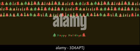 Weihnachtsfahne, Grenze mit roten und grünen Bäumen auf dunklem Hintergrund, minimale Feiertagsillustration Stock Vektor
