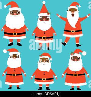 Vektor-Set mit niedlichen und lustigen Santa Claus Charakteren in flachem Stil mit dunkler Haut für Weihnachten nas Winter Designs Stock Vektor