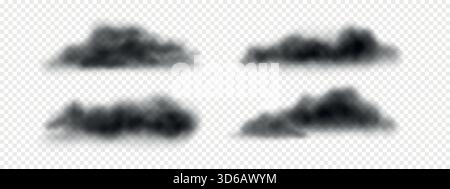 Schwarze PNG-realistische Wolken. Satz dunkler Wolken, Rauch, Nebel isoliert auf weißem Hintergrund Stock Vektor
