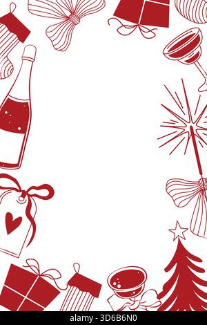 Weihnachtsgrußkartenschablone mit Kiefer, Strümpfen und Champagner, Schleife und Glitzer und Geschenken Stock Vektor
