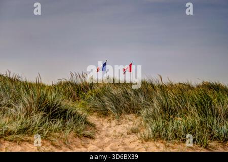 Französische und kanadische Flaggen über dem Dünengras am Juno Beach in der Normandie markieren den Ort, an dem kanadische Truppen am D-Day im Juni 1944 landeten. Stockfoto
