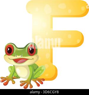 Helle Vektorillustration eines grünen Frosches mit großen Augen neben einem kräftigen gelben „F“. Stock Vektor