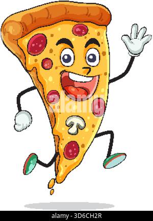 Vektor Cartoon Pizza Slice Charakter springen, lächeln, mit Peperoni, Pilz, kühne Umrisse, weißer Hintergrund Stock Vektor