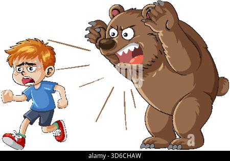 Cartoon Boy flieht vor dem brüllenden Bären im bunten Wald, mit übertriebenen Ausdrücken und verspieltem Stil. Stock Vektor