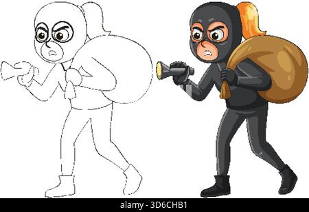 Karikaturvektor des maskierten weiblichen Dieb, der mit Taschenlampe und Beute-Tasche, farbig und umrissen wird Stock Vektor