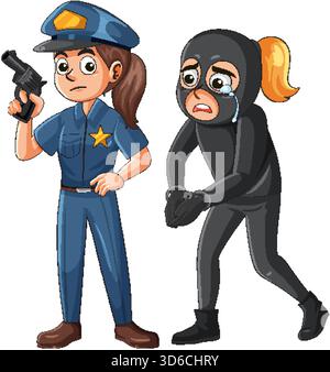 Cartoon Polizistin mit Waffe, die emotionalen maskierten Räuber festnimmt, helle Farben, weißer Hintergrund, Vektor Stock Vektor
